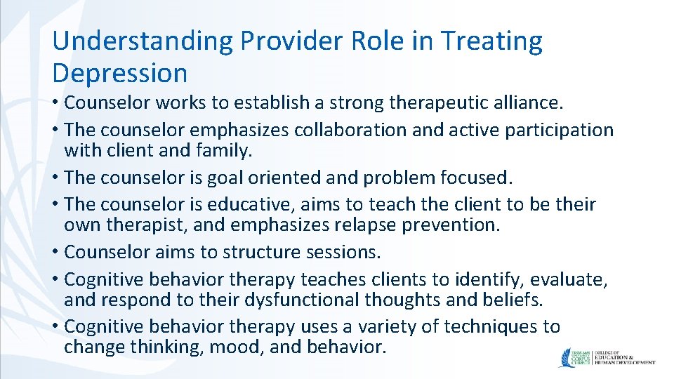 Understanding Provider Role in Treating Depression • Counselor works to establish a strong therapeutic