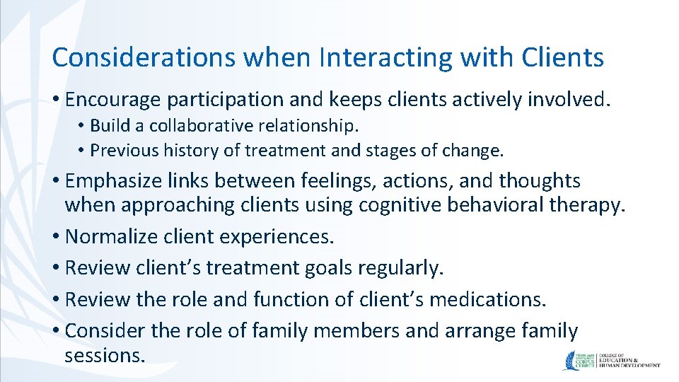 Considerations when Interacting with Clients • Encourage participation and keeps clients actively involved. •