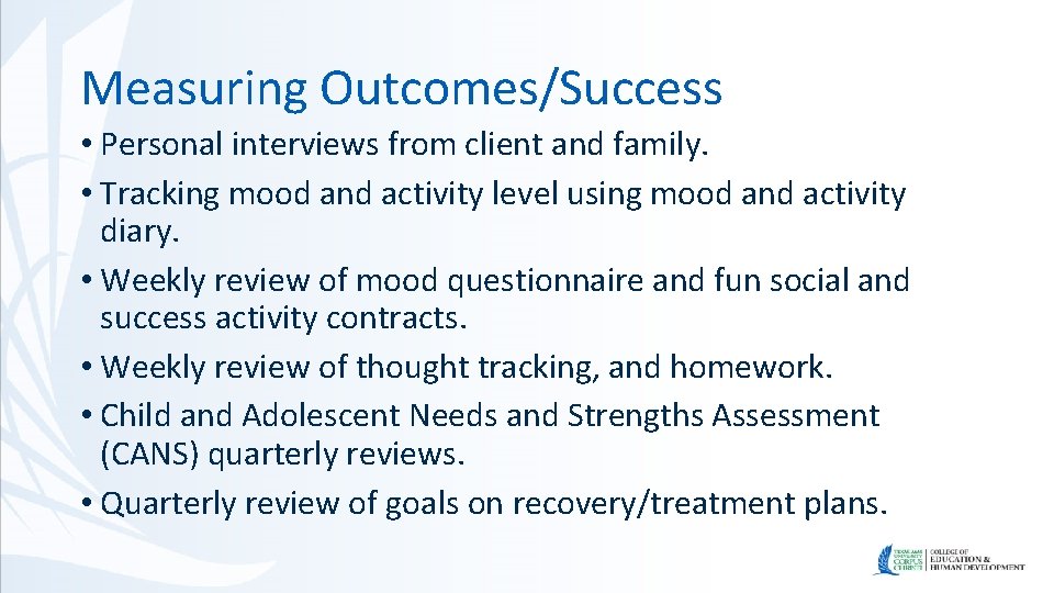 Measuring Outcomes/Success • Personal interviews from client and family. • Tracking mood and activity