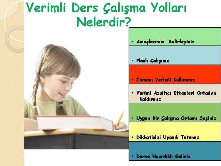 Verimli Ders Çalışma Yolları Nelerdir? • Amaçlarınızı Belirleyiniz • Planlı Çalışınız • Zamanı Verimli