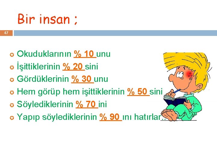 Bir insan ; 47 Okuduklarının % 10 unu İşittiklerinin % 20 sini Gördüklerinin %