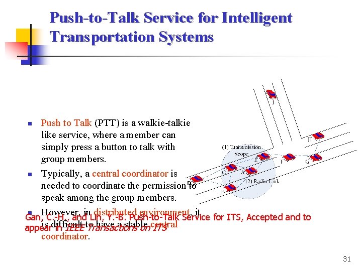 Push-to-Talk Service for Intelligent Transportation Systems Push to Talk (PTT) is a walkie-talkie like