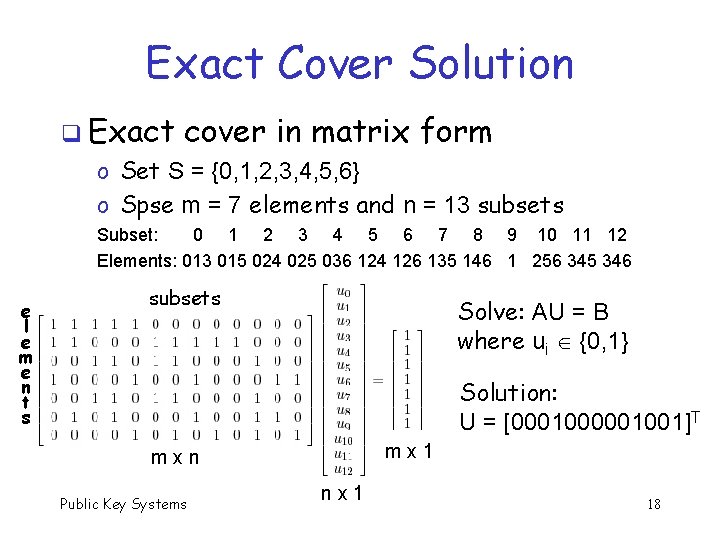 Exact Cover Solution q Exact cover in matrix form o Set S = {0,