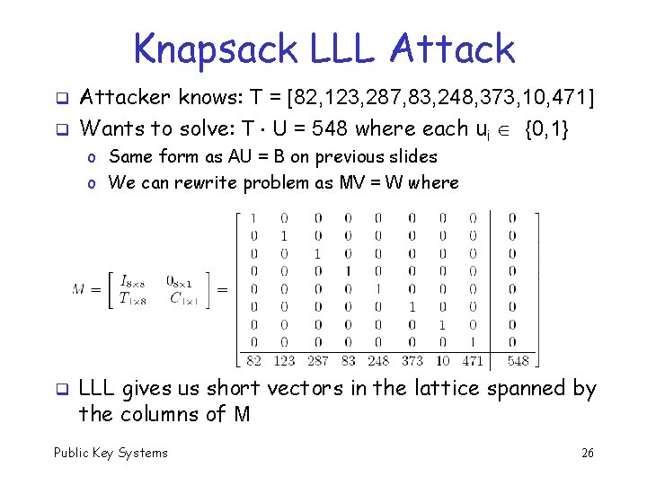 Knapsack LLL Attack q q Attacker knows: T = [82, 123, 287, 83, 248,