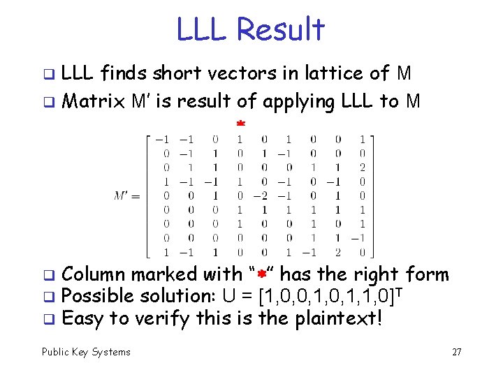 LLL Result LLL finds short vectors in lattice of M q Matrix M’ is