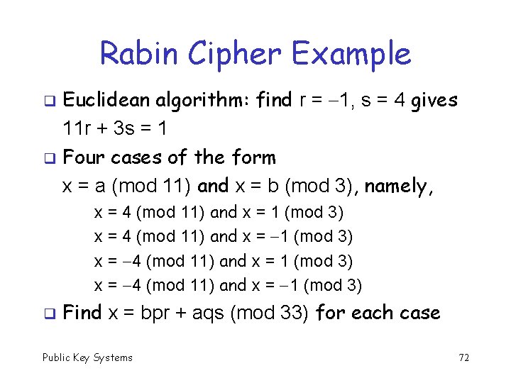 Rabin Cipher Example Euclidean algorithm: find r = 1, s = 4 gives 11