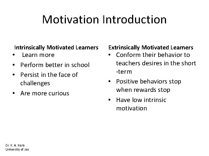 Motivation Introduction Intrinsically Motivated Learners • Learn more • Perform better in school •