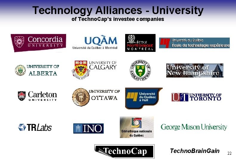 Technology Alliances - University of Techno. Cap’s investee companies Techno. Brain. Gain 22 