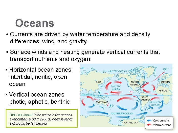Oceans • Currents are driven by water temperature and density differences, wind, and gravity.
