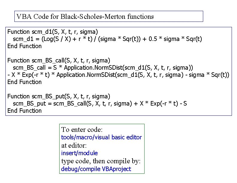 VBA Code for Black-Scholes-Merton functions Function scm_d 1(S, X, t, r, sigma) scm_d 1