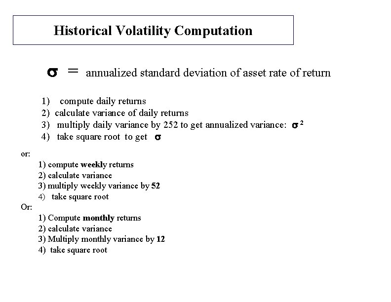 Historical Volatility Computation s = annualized standard deviation of asset rate of return 1)