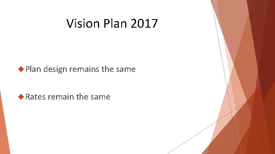 Vision Plan 2017 Plan design remains the same Rates remain the same 