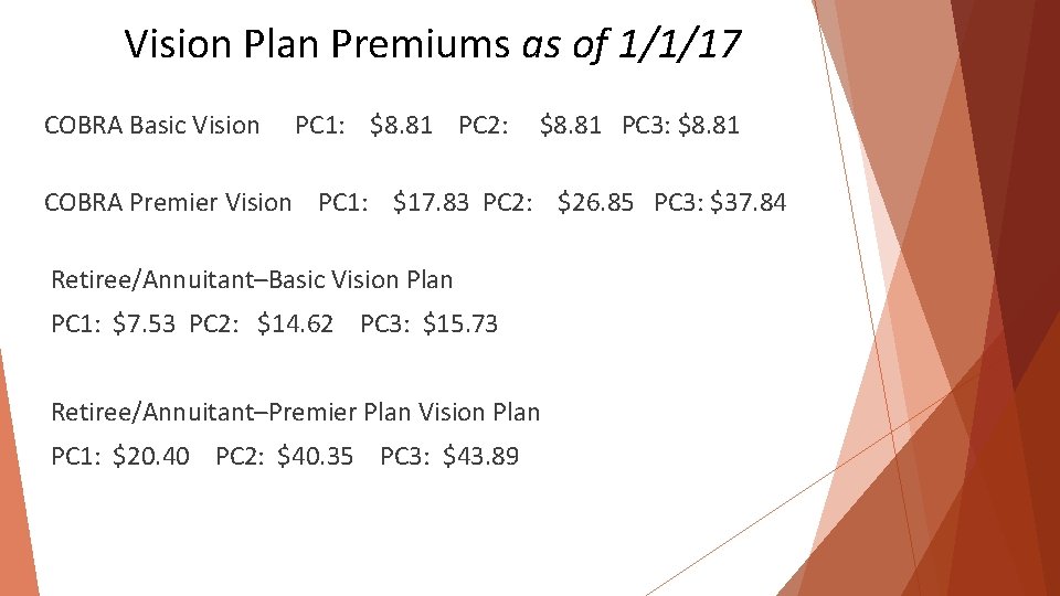 Vision Plan Premiums as of 1/1/17 COBRA Basic Vision PC 1: $8. 81 PC