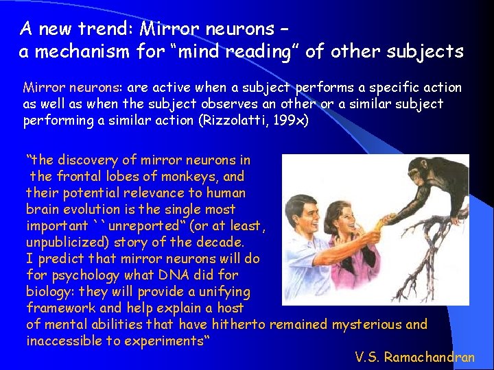 A new trend: Mirror neurons – a mechanism for “mind reading” of other subjects