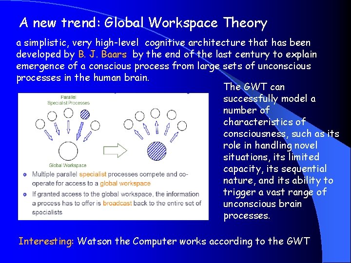 A new trend: Global Workspace Theory a simplistic, very high-level cognitive architecture that has