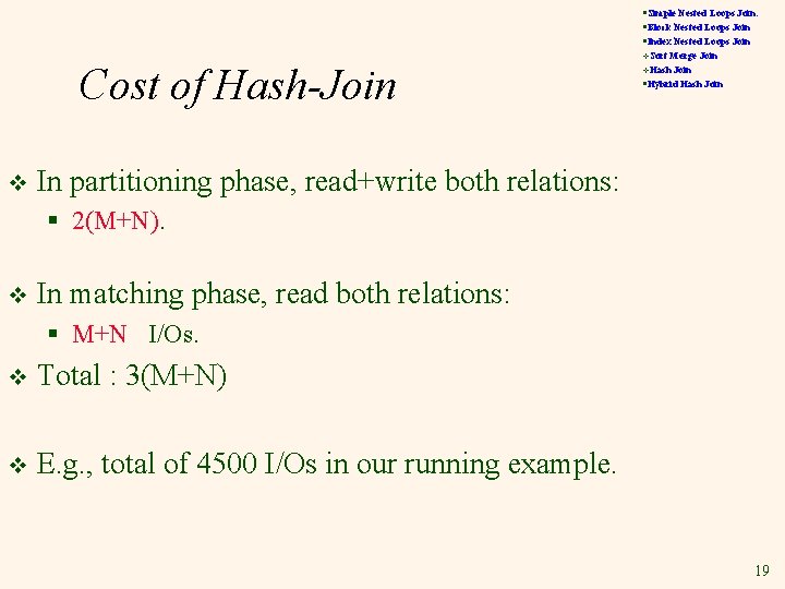 §Simple Nested Loops Join: §Block Nested Loops Join §Index Nested Loops Join Cost of