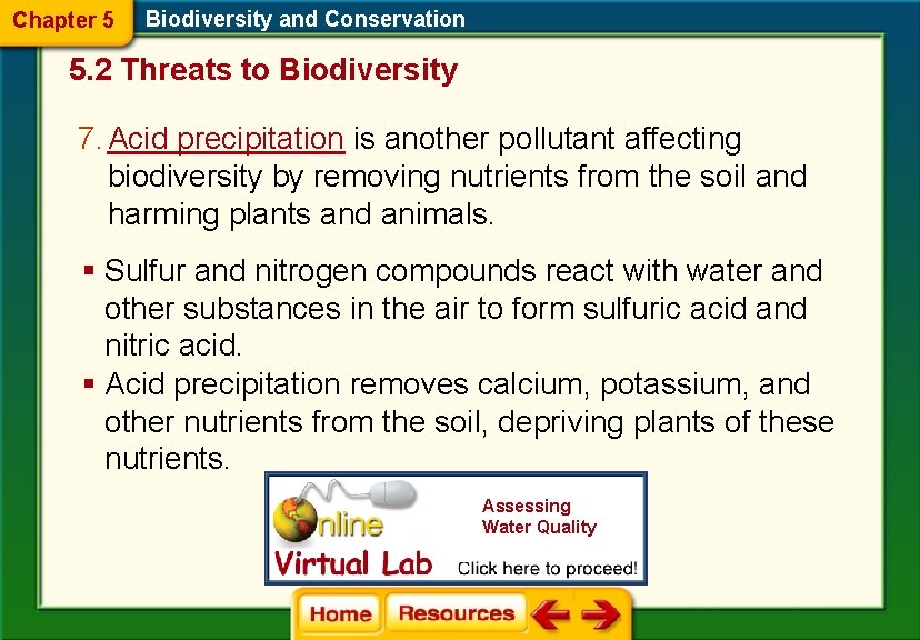 Chapter 5 Biodiversity and Conservation 5. 2 Threats to Biodiversity 7. Acid precipitation is