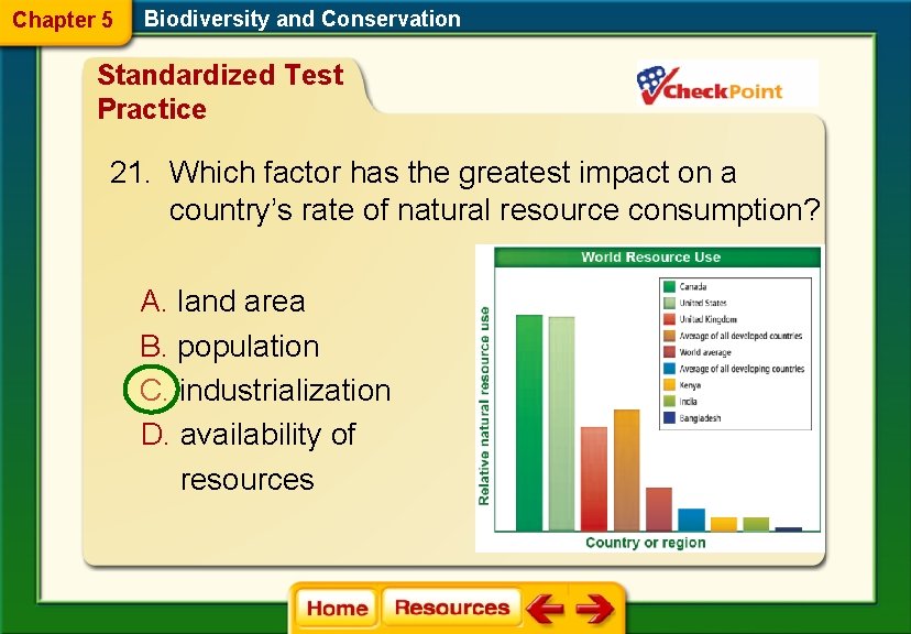 Chapter 5 Biodiversity and Conservation Standardized Test Practice 21. Which factor has the greatest