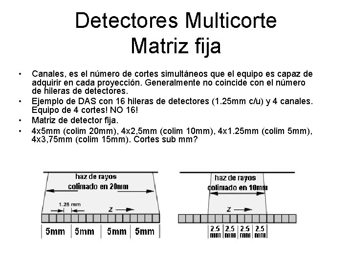 Detectores Multicorte Matriz fija • • Canales, es el número de cortes simultáneos que
