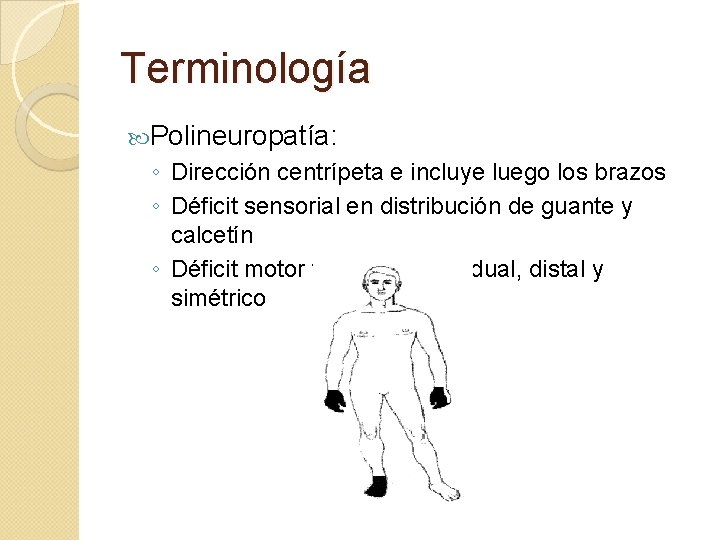 Terminología Polineuropatía: ◦ Dirección centrípeta e incluye luego los brazos ◦ Déficit sensorial en