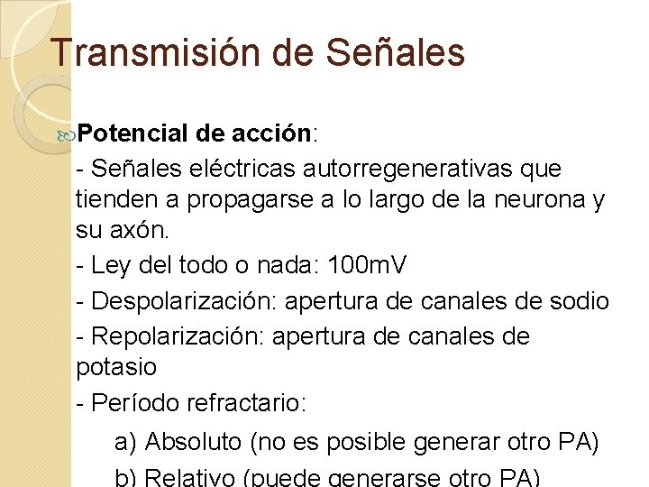 Transmisión de Señales Potencial de acción: - Señales eléctricas autorregenerativas que tienden a propagarse