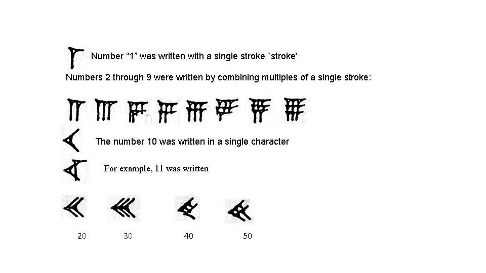 Number “ 1” was written with a single stroke `stroke' Numbers 2 through 9