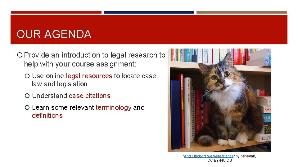 OUR AGENDA Provide an introduction to legal research to help with your course assignment: