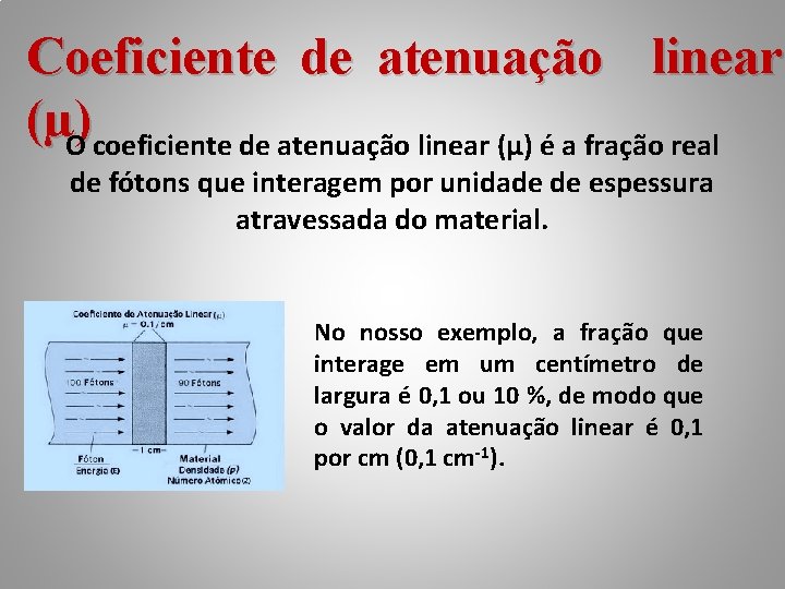 Coeficiente de atenuação linear (µ) O coeficiente de atenuação linear (µ) é a fração
