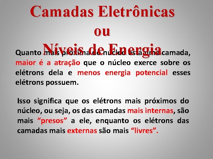 Camadas Eletrônicas ou Níveis de Energia Quanto mais próxima do núcleo está uma camada,