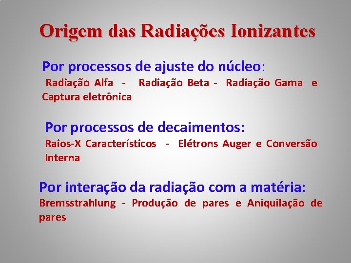 Origem das Radiações Ionizantes Por processos de ajuste do núcleo: Radiação Alfa - Radiação