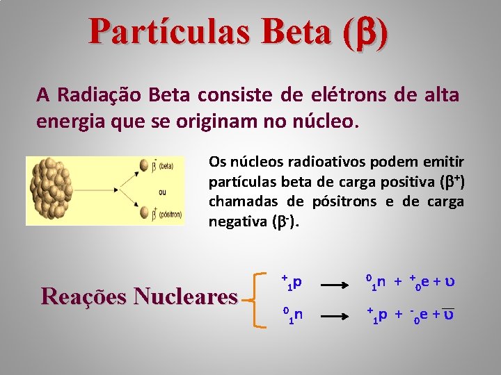 Partículas Beta ( ) A Radiação Beta consiste de elétrons de alta energia que