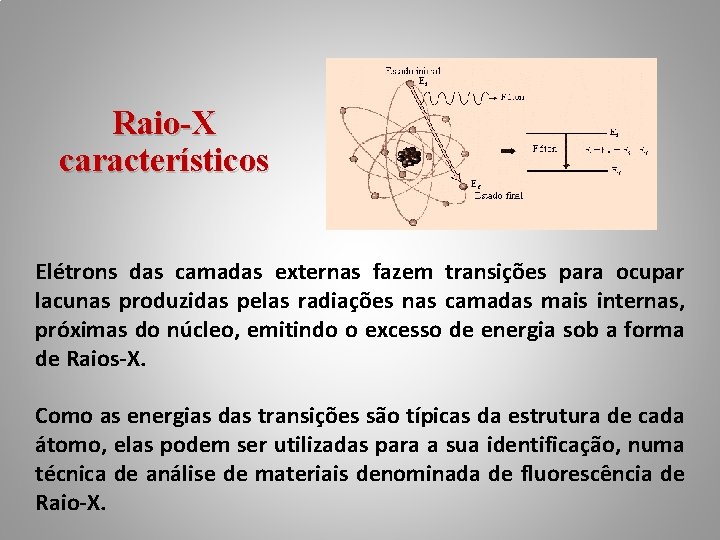 Raio-X característicos Elétrons das camadas externas fazem transições para ocupar lacunas produzidas pelas radiações