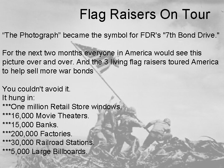 Flag Raisers On Tour “The Photograph” became the symbol for FDR's "7 th Bond