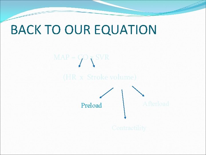 BACK TO OUR EQUATION MAP = CO x SVR (HR x Stroke volume) Preload