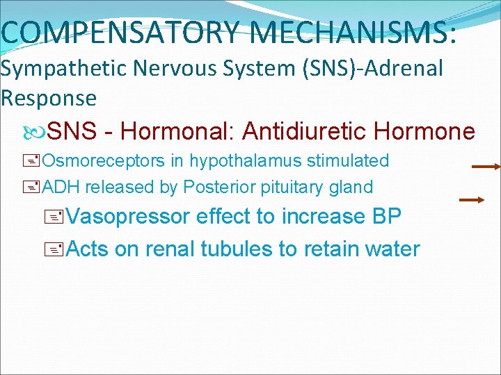 COMPENSATORY MECHANISMS: Sympathetic Nervous System (SNS)-Adrenal Response SNS - Hormonal: Antidiuretic Hormone +Osmoreceptors in
