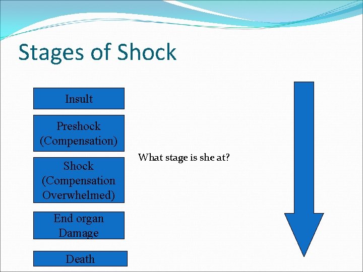 Stages of Shock Insult Preshock (Compensation) Shock (Compensation Overwhelmed) End organ Damage Death What