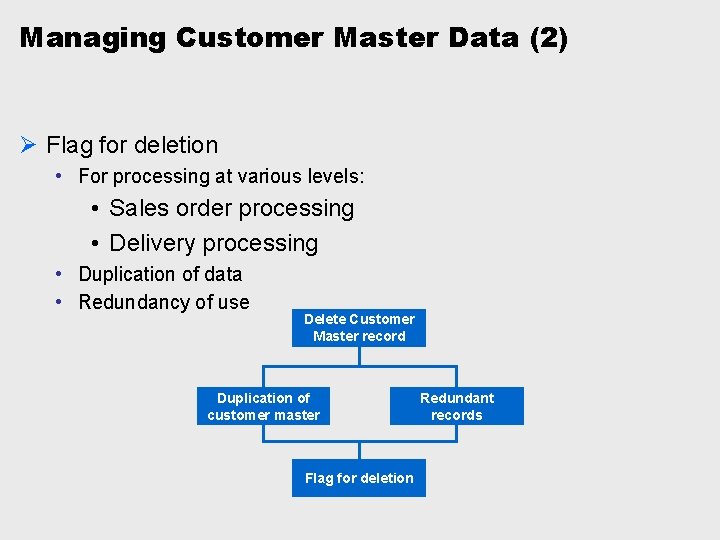 Managing Customer Master Data (2) Ø Flag for deletion • For processing at various