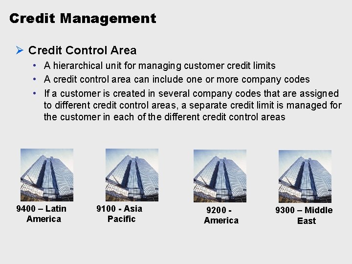 Credit Management Ø Credit Control Area • A hierarchical unit for managing customer credit