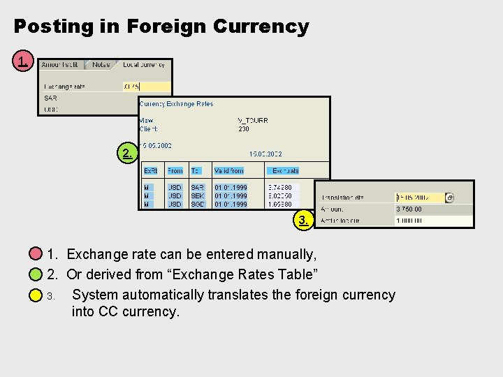 Posting in Foreign Currency 1. 2. 3. 1. Exchange rate can be entered manually,