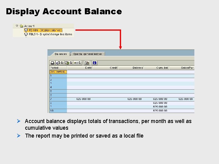 Display Account Balance Ø Account balance displays totals of transactions, per month as well