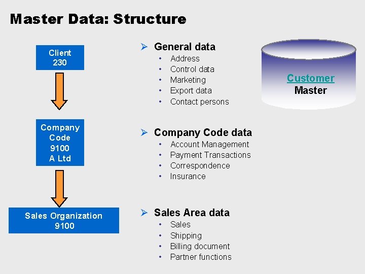 Master Data: Structure Client 230 Company Code 9100 A Ltd Sales Organization 9100 Ø