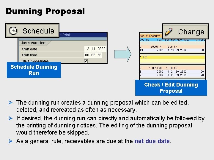 Dunning Proposal Schedule Dunning Run Check / Edit Dunning Proposal Ø The dunning run