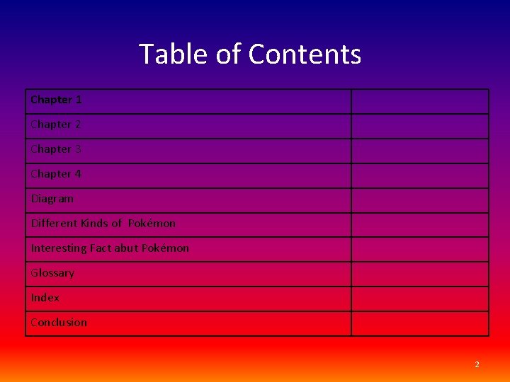 Table of Contents Chapter 1 Chapter 2 Chapter 3 Chapter 4 Diagram Different Kinds