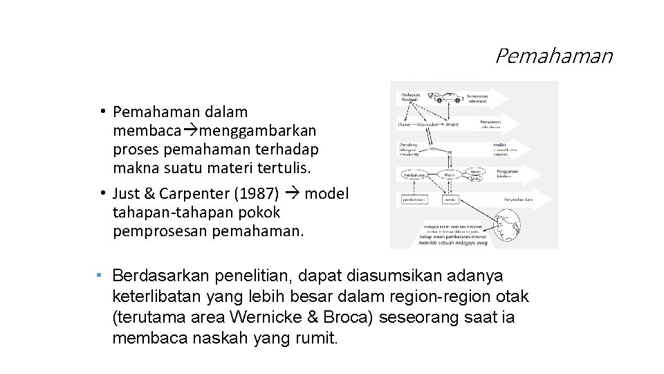 Pemahaman • Pemahaman dalam membaca menggambarkan proses pemahaman terhadap makna suatu materi tertulis. •