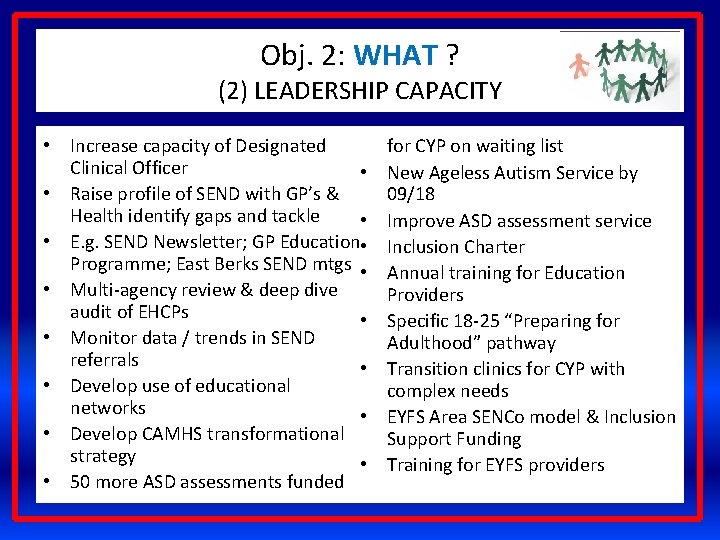 Obj. 2: WHAT ? (2) LEADERSHIP CAPACITY • Increase capacity of Designated Clinical Officer
