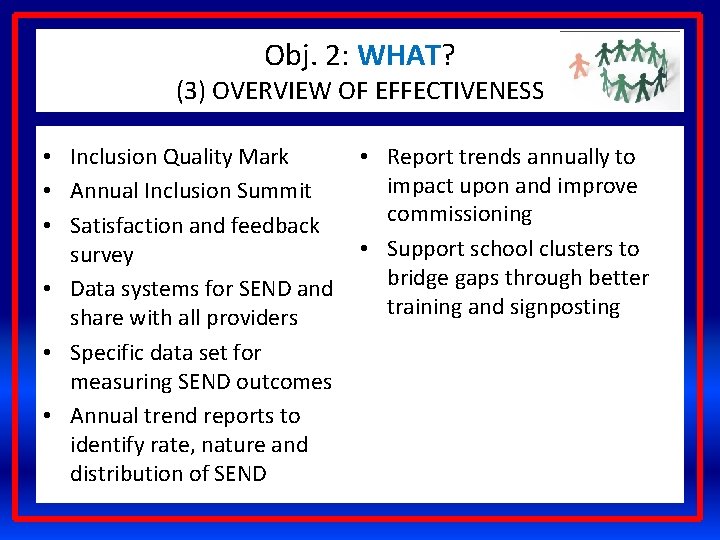 Obj. 2: WHAT? (3) OVERVIEW OF EFFECTIVENESS • Inclusion Quality Mark • Annual Inclusion