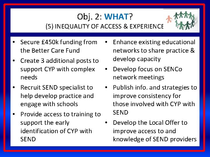 Obj. 2: WHAT? (5) INEQUALITY OF ACCESS & EXPERIENCE • Secure £ 450 k
