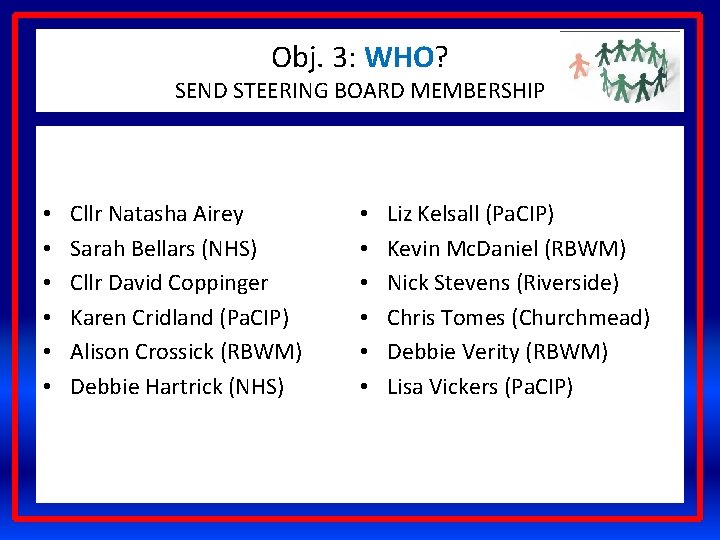 Obj. 3: WHO? SEND STEERING BOARD MEMBERSHIP • • • Cllr Natasha Airey Sarah