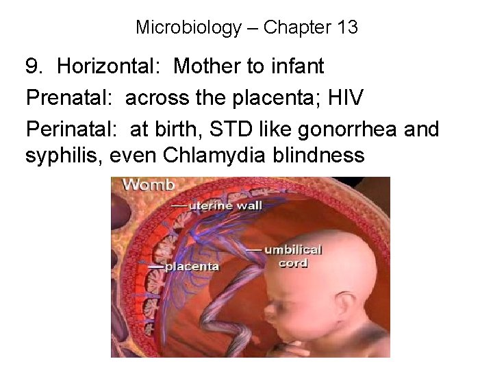 Microbiology – Chapter 13 9. Horizontal: Mother to infant Prenatal: across the placenta; HIV