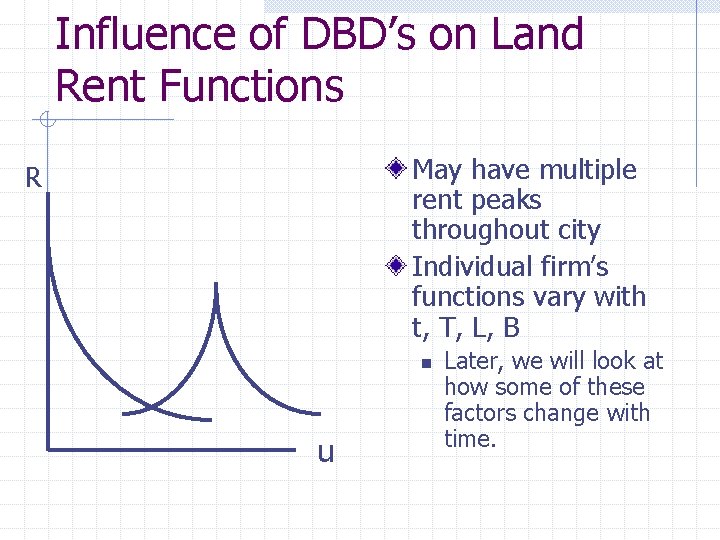 Influence of DBD’s on Land Rent Functions May have multiple rent peaks throughout city